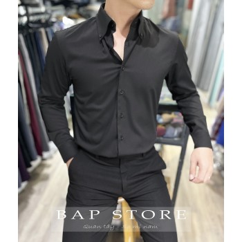 Áo sơ mi nam đen lụa bóng bảng cô to cổ ý kiểu button down form xuông không nhăn mát mịn mẫu mới 2024